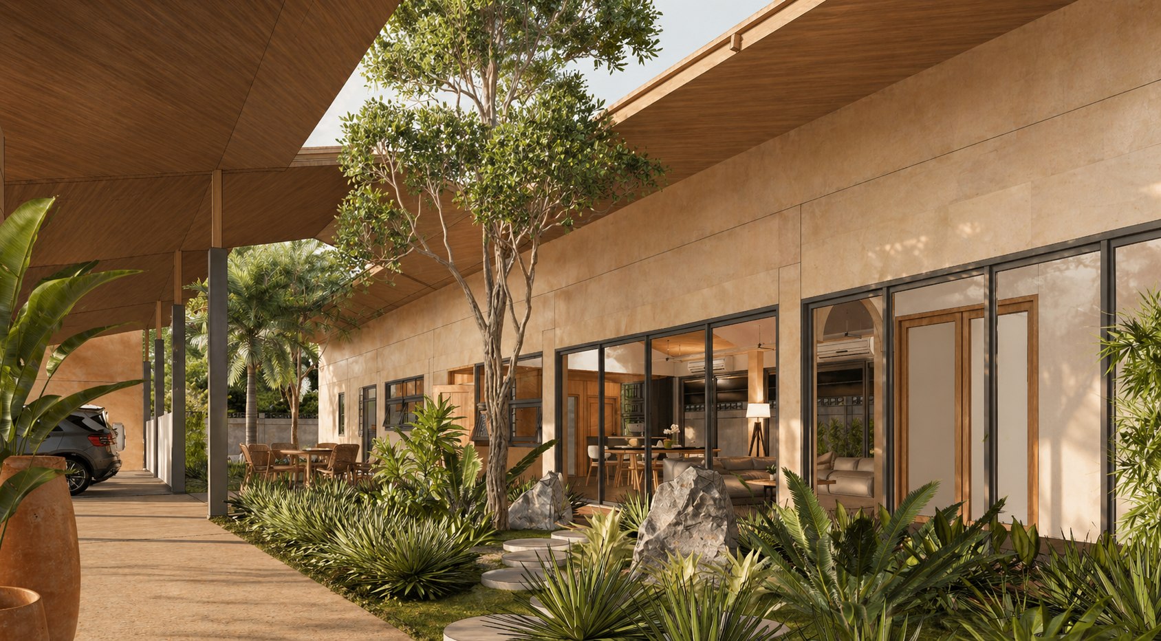 Warm tropical courtyard residence with deep roof shade and lush planting