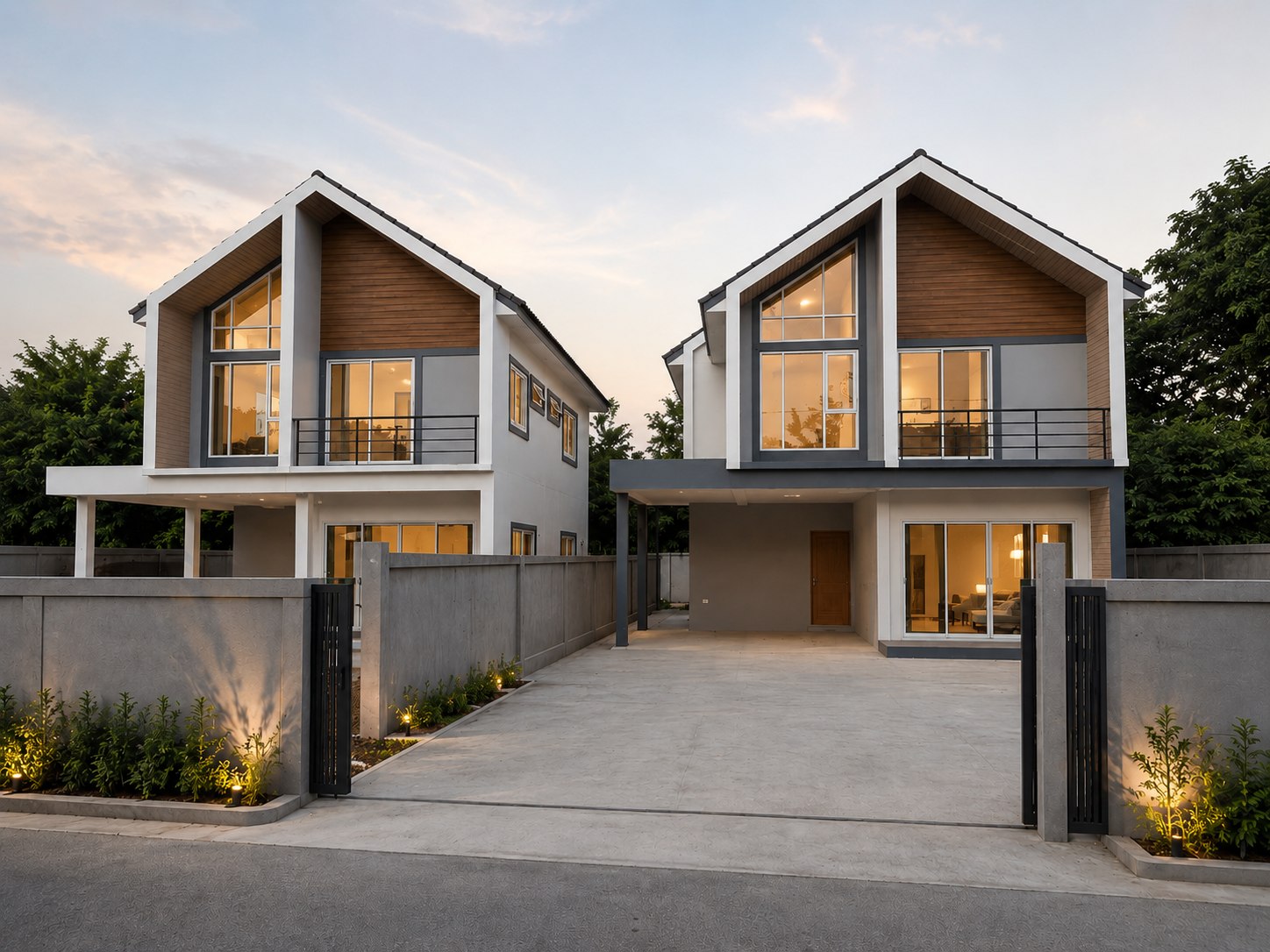Twin gabled contemporary residences glowing at dusk